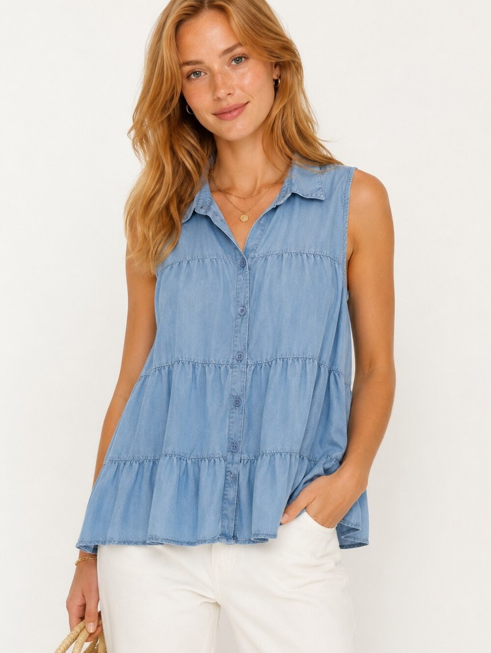 KEREN hart Light Blue Sleeveless Button-Front Tiered Blouse